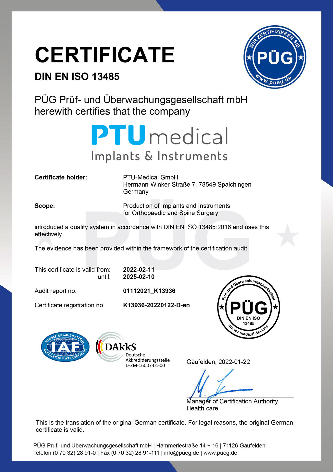PTU Medical DIN EN ISO 13485 DE